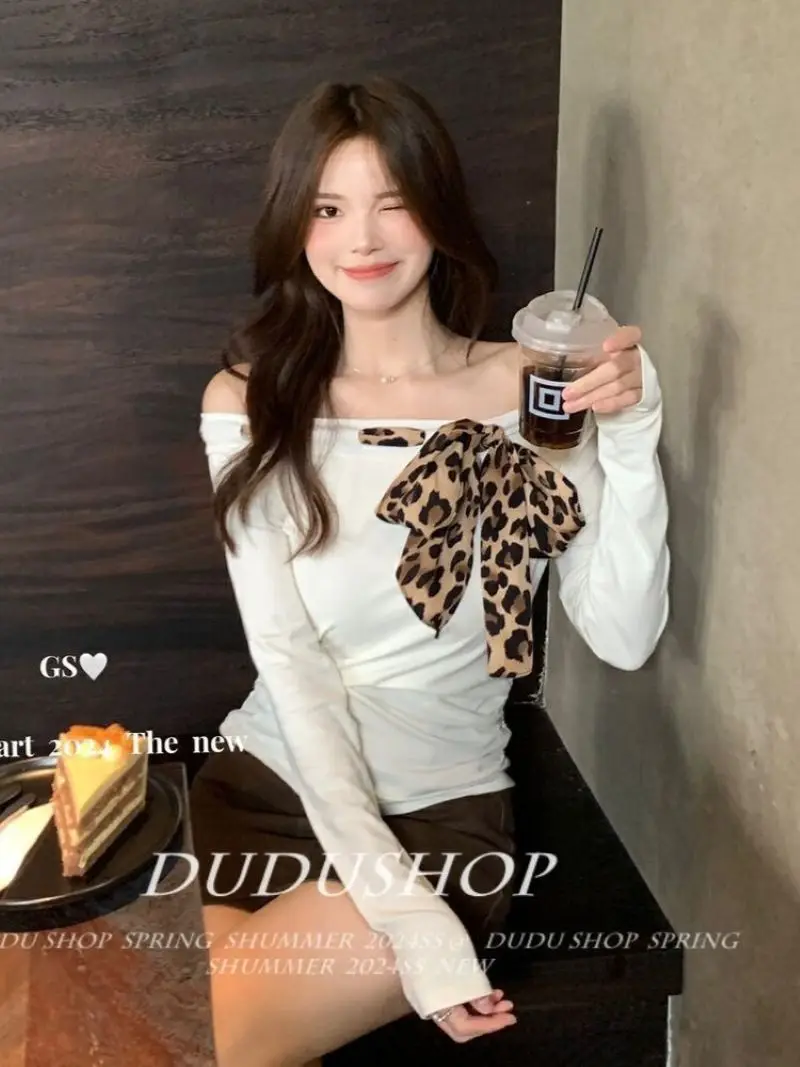 American Vintage Coquette Leopard Bow Tie‑Up T‑Shirt, Women Slim Off‑Shoulder Top, Early Fall Stylish Fitted Y2K Blouse