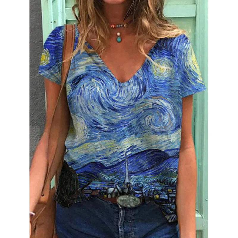 Van Gogh Oil Painting T-Shirts Sunflower 3D Print Women Oversized Streetwear V-Neck T Shirt Harajuku Y2k Tops Woman Tees Clothes