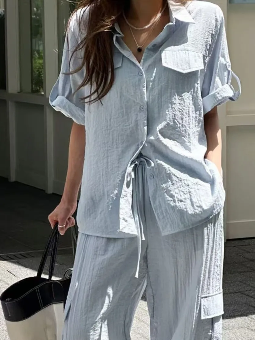 

Spring 2026 Fashion Korean Style Women's Outfit Loose Wide Leg Casual Pants Short Sleeve Turn-down Collar Shirt High Waist