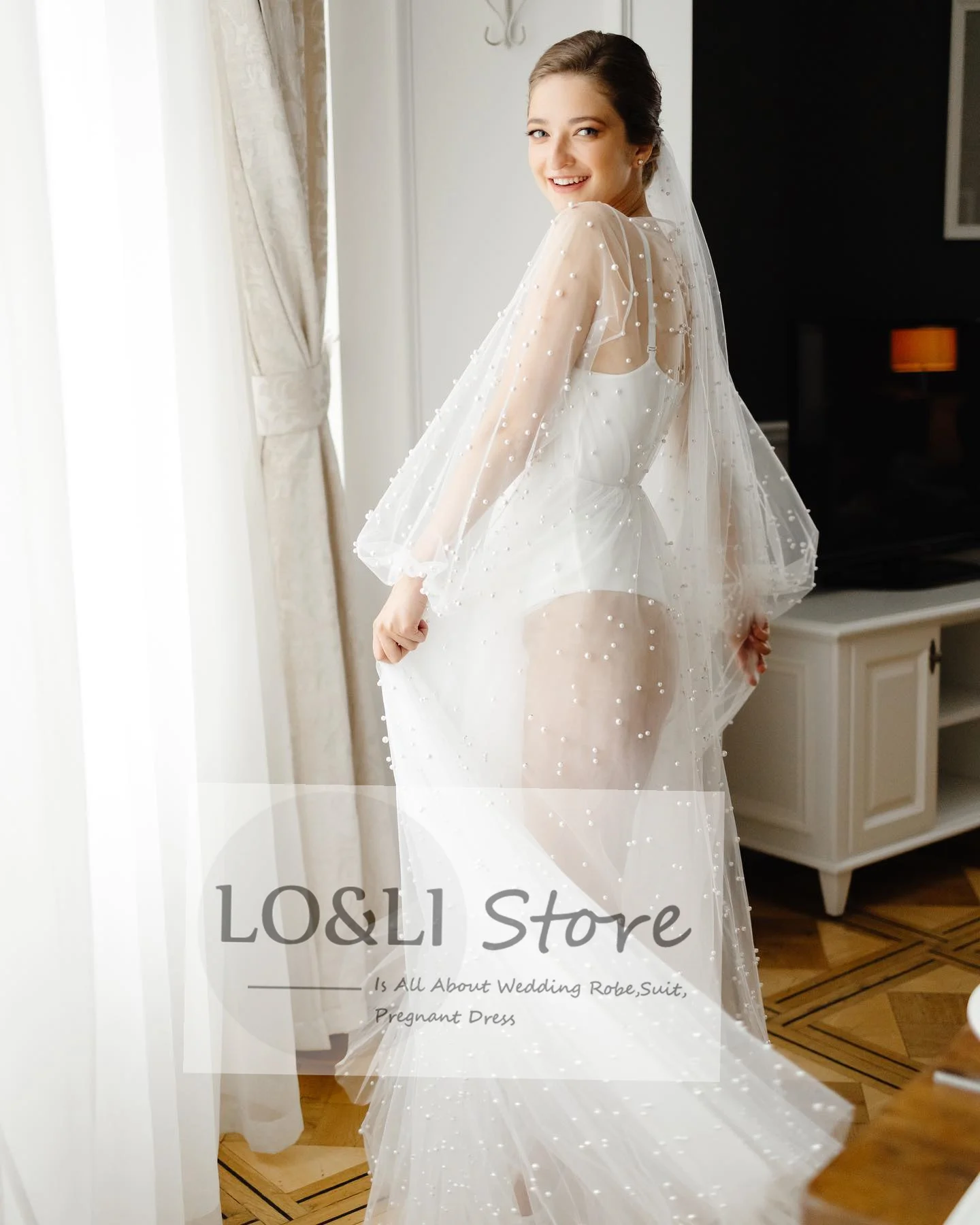 Pearl Robe For Women Long Sleeve Wedding Morning Robe Party Shawl Floor-Length Bridal Cape Sexy pearl robe Lantern Sleeve