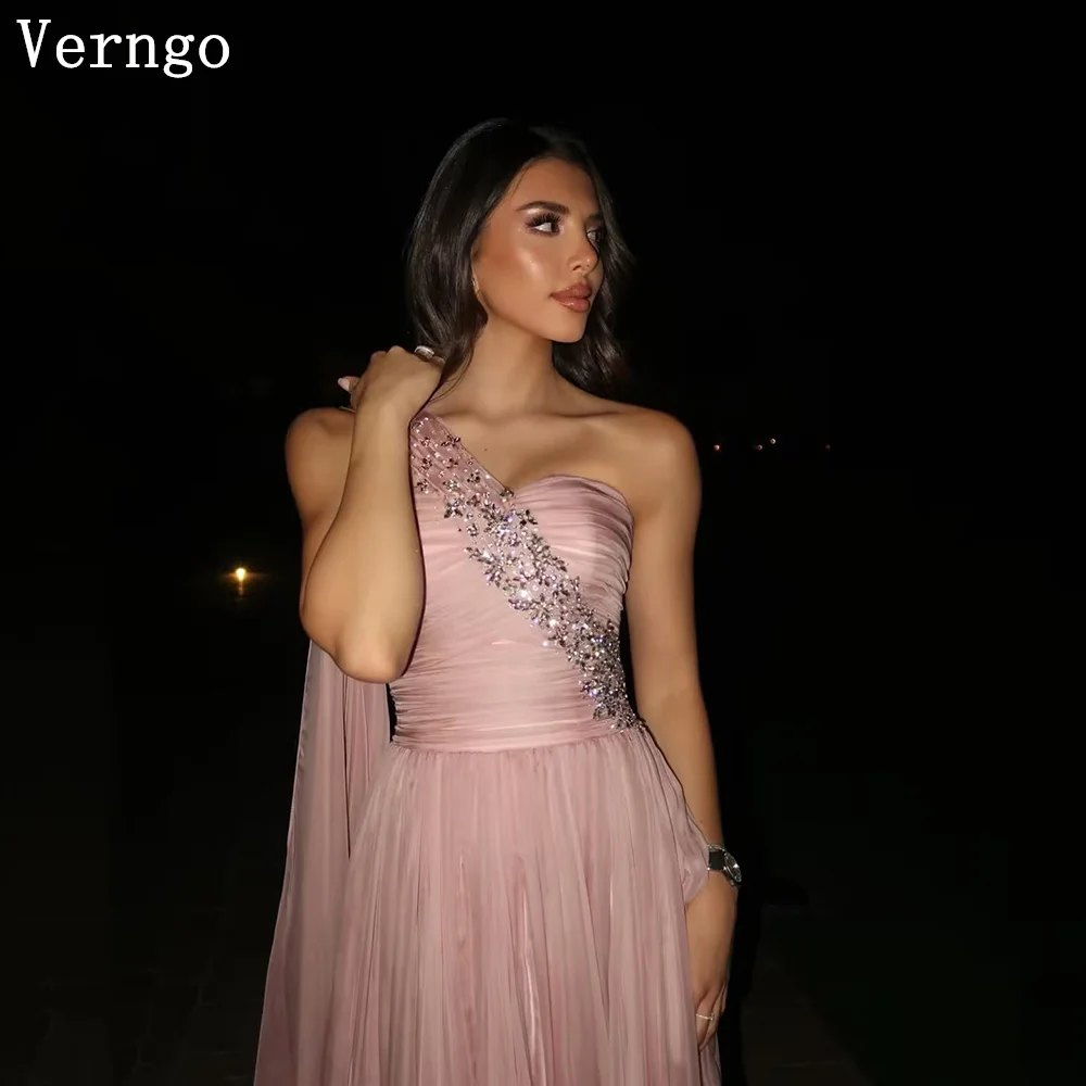 

Verngo Pink Sequined Evening Dress One Shoulder A Line Pleated Formal Occasion Dress Elegant Prom Party Dress Customized