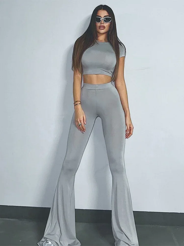 Gray Two Piece Sets Womens Outifits O-Neck Ensemble Femme 2 Pièces High Waist Conjunto Femenino Short Sleeve Crop Top Long Pants