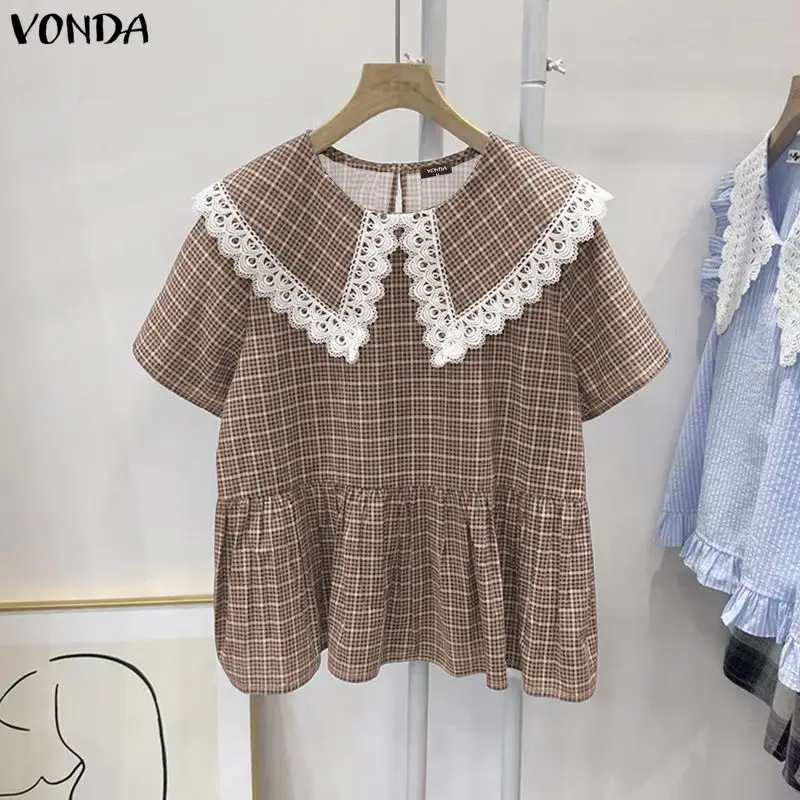 Vonda Elegante Korte Mouw Blouse Vrouwen Zomer Plaid Tops 2026 Mode Peter Pan Kraag Kant Blusas Vrouwelijke Casual Losse Shirts