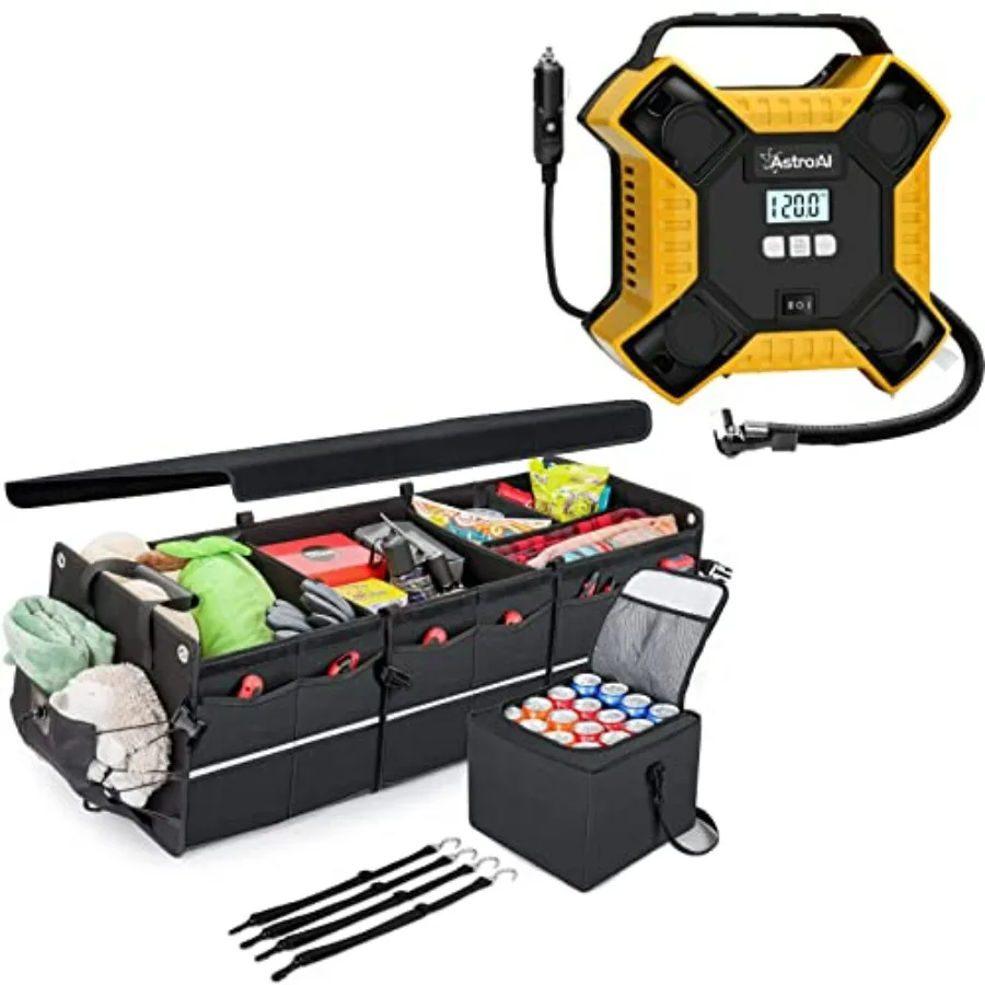 

Air Compressor Integrated Metal Structure Tire Inflator for Car Trunk Organizer Storage Black Durable and Compact Design