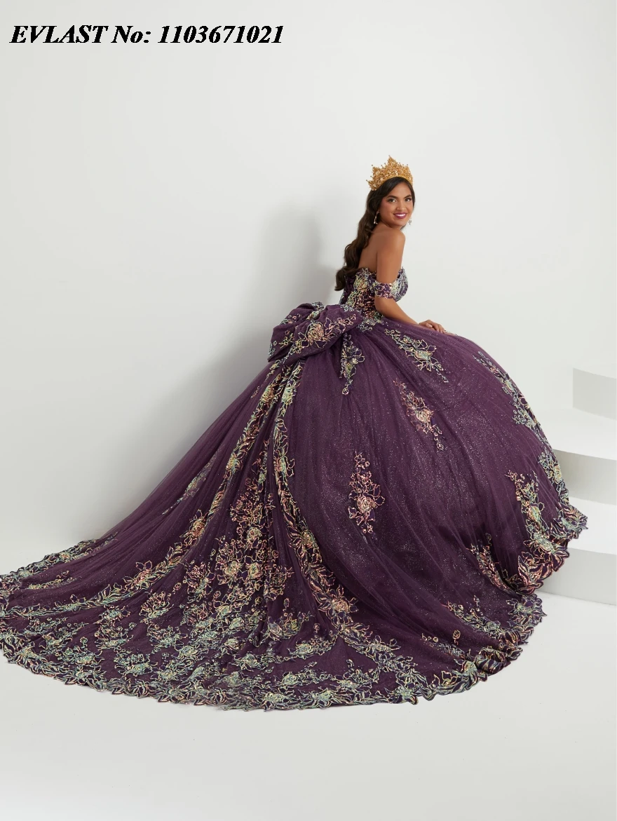 EVLAST Customized Purple Quinceanera Dress Ball Gown Gold Lace Applique Beading With Bow Tiered Corset Vestidos De XV Anos SQ320