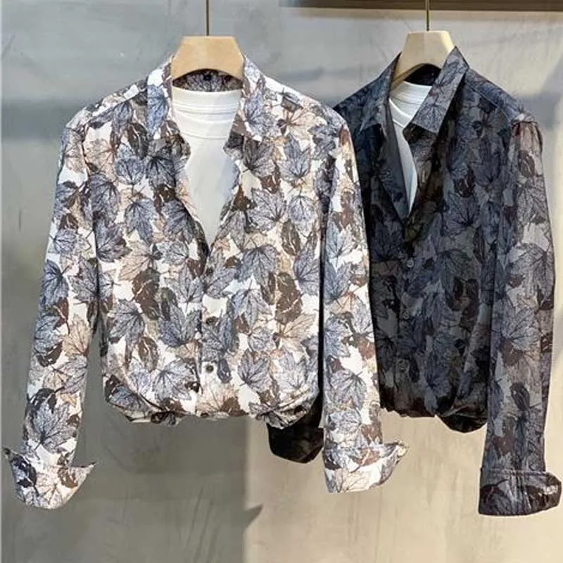 Men's high-end floral shirt men's long sleeved spring and autumn new trend ice silk thin shirt jacket turn down collar tops