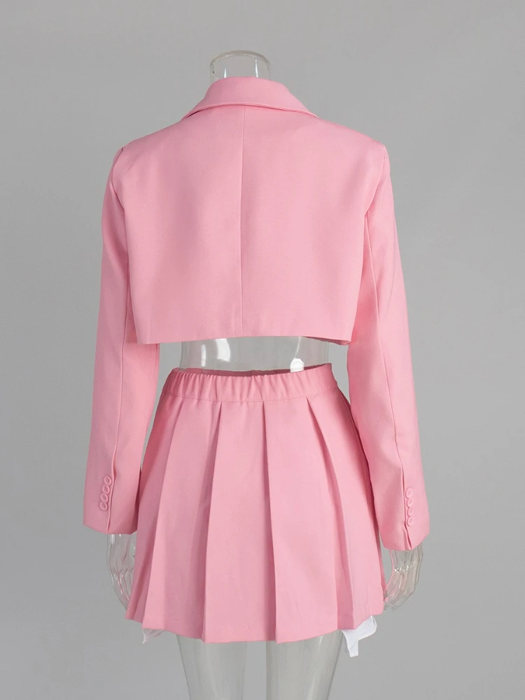 FDYOUI Abito corto monopetto Top + Gonne a pieghe Set da 2 pezzi Blazer da donna Set coordinato Office Lady Abito rosa Streetwear