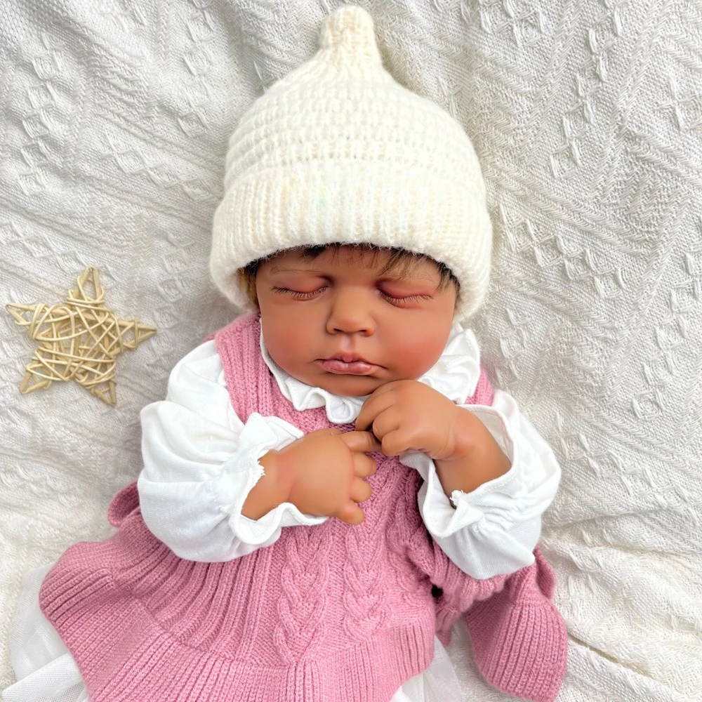 

BZDOLL Lifelike 48CM Asleep Reborn Doll with Black Brown Skin, Vinyl Limbs Cloth Body, Handmade Fashion Birthday Gift for Kids