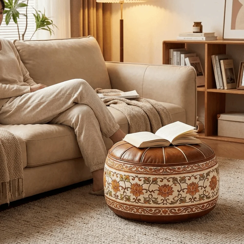 PU Leather Lotus Print Seat Cushion Cover Unstuffed Large Capacity Sofa Stool Cover Space Saving Vintage Storage Leg Bench