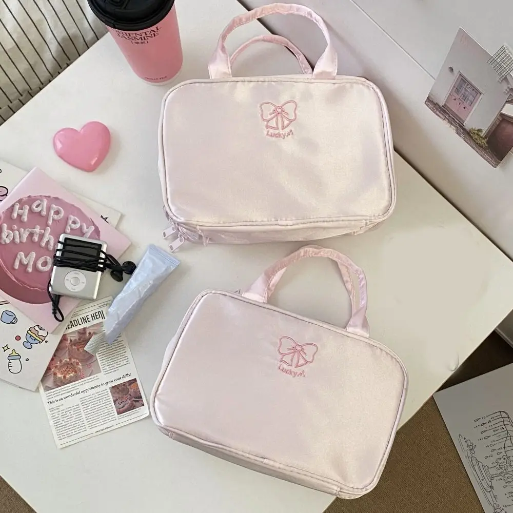 Портативная косметичка с бантом большой емкости, розовая тканевая сумка для туалетных принадлежностей, трехслойная многофункциональная дорожная сумка для путешествий