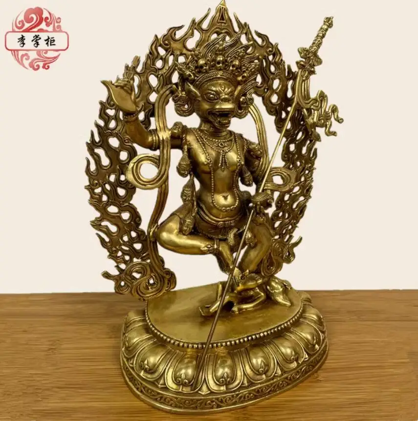 33cm Tibetan Vajrayana Vajrayana Esoteric Nepalese Pure Copper Lion Face Vajrayana Buddha Statue Protector