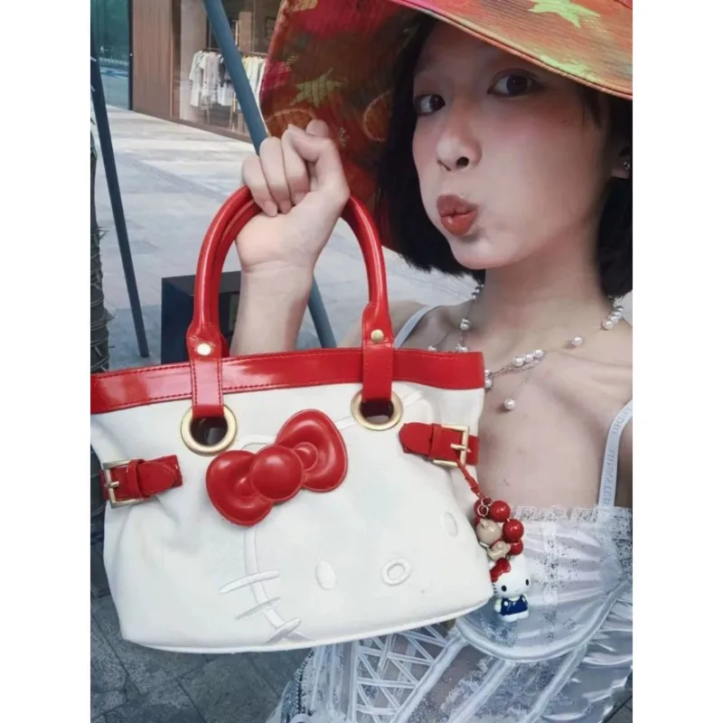 

MINISO холст Hellokitty Y2k японская сумка с пряжкой для ремня дизайн сумка в стиле Харадзюку с вышивкой мультфильм Kawaii большая сумка подарки для девочек