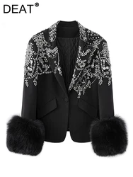 DEAT Fashion Women's Blazer Irregular Rhinestone Single Button Feather Spliced Sleeve Black Suit Jackets Autumn 2024 New 7B0410