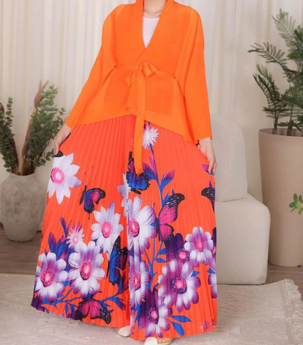 Naher Osten plus Größe Damen High-End zweiteiliger Rock Faltenstrickjacke bedruckter Rock Mode Faltenrock-GZXX1024