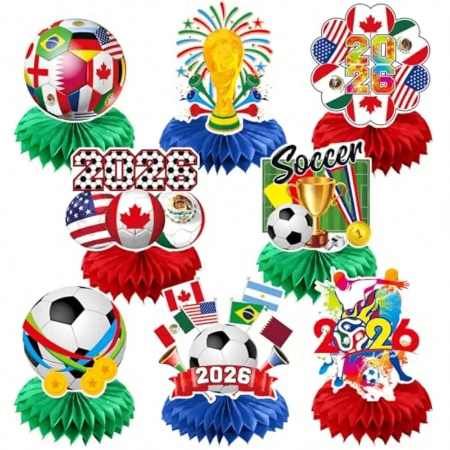 8 Pcs 2026 World Cup Party Decoration Soccer Sports Theme Honeycomb Centerpieces 3D Double Sided Table Decor Supplies For Football Sports Competition Party Decorations