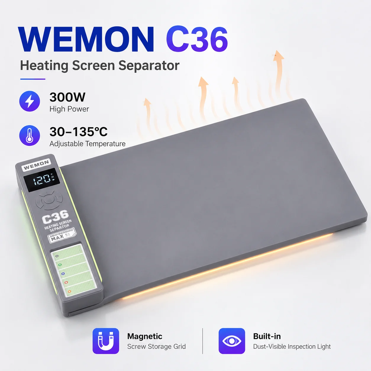 WEMON C36 300W Heating Screen Separator 30-135°C LCD Repair Hot Plate with Dust Light Magnetic Screw Storage Grid