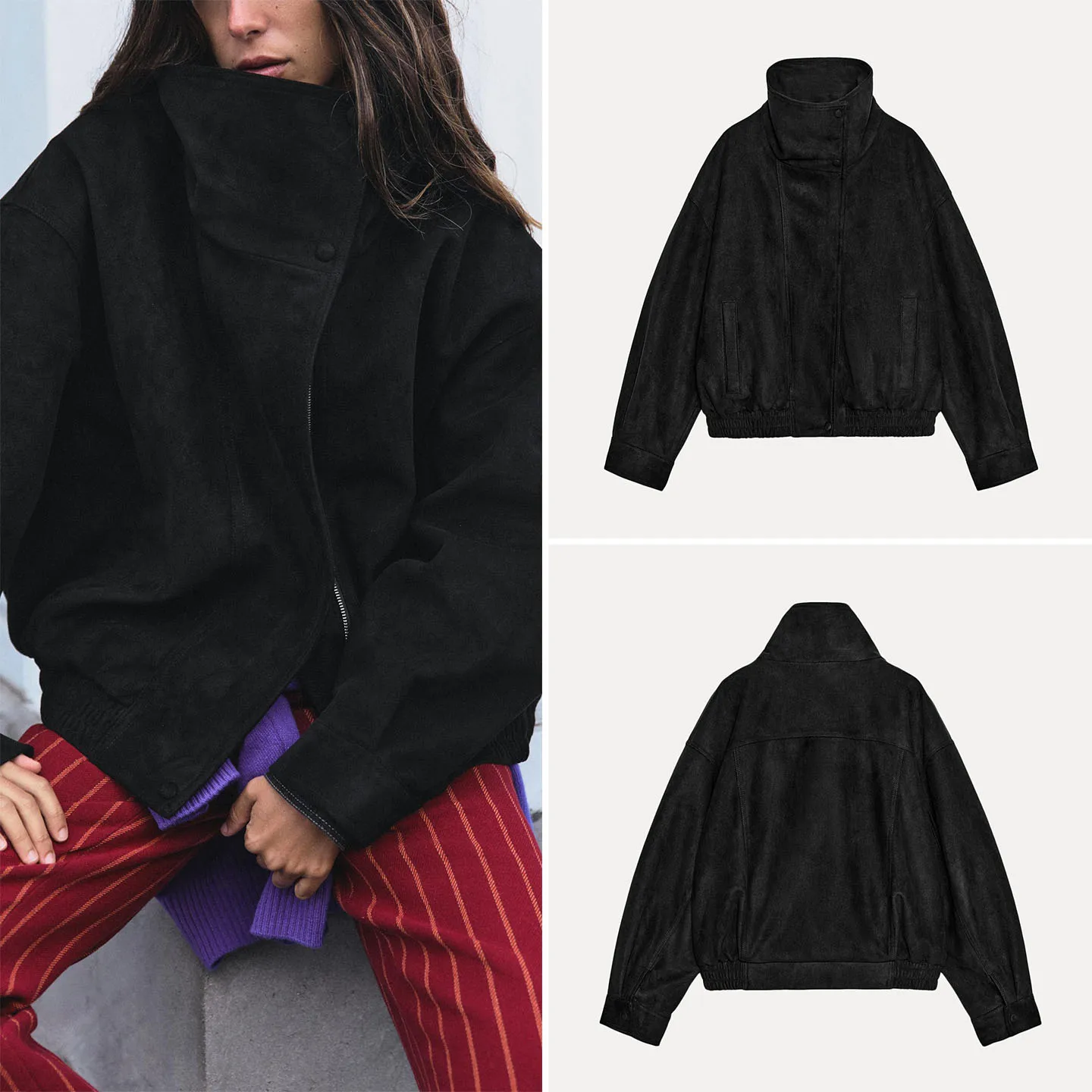 Women's Pilot Jacket Long Sleeve Stand Collar Casual Style Outerwear Autumn Fashion 2026 Zadata Loose Fit Other Material