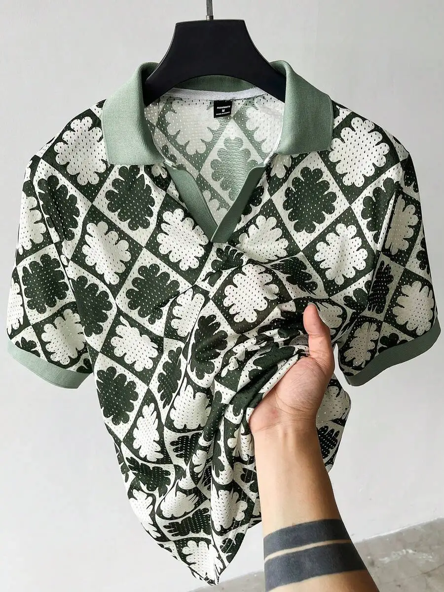 

Мужская повседневная рубашка-поло с коротким рукавом и геометрическим цветочным принтом, летняя