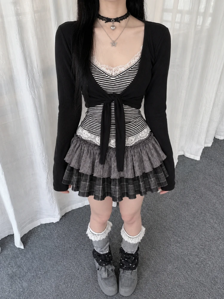 Japanese Kawaii Subculture 3‑Piece Set Female Lace Strapless Tank Tops Casual Cardigan Polka Dot Mini Skirt Retro Street Outfit