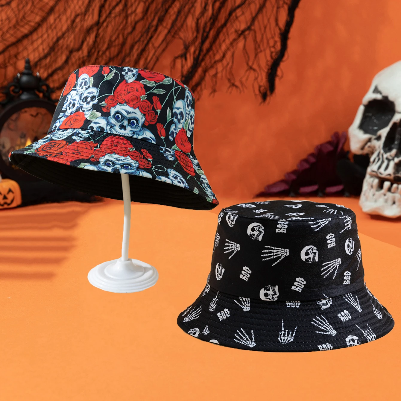 Cross-border Halloween Atmosphere, Funny Hat, Fashionable Printed Rose Finger Skull Fisherman Hat, Double-Sided Basin Hat