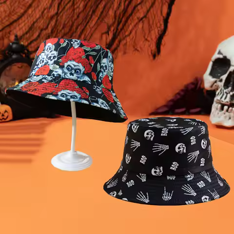 Cross-border Halloween atmosphere, funny hat, fashionable printed rose finger skull fisherman hat, double-sided basin hat