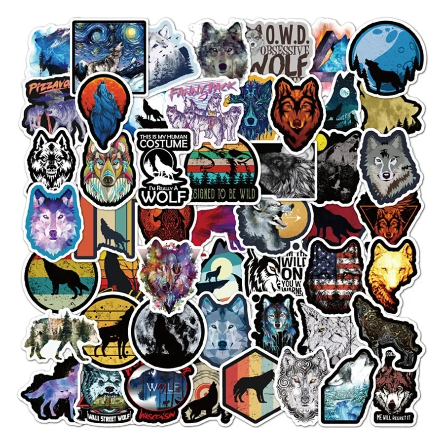 Wild Wolf Stickers 50Pcs Cool Vinyl Waterproof Wolf Totem Stickers for Computers Water Bottle Hydro Flask Laptop Luggage Cars