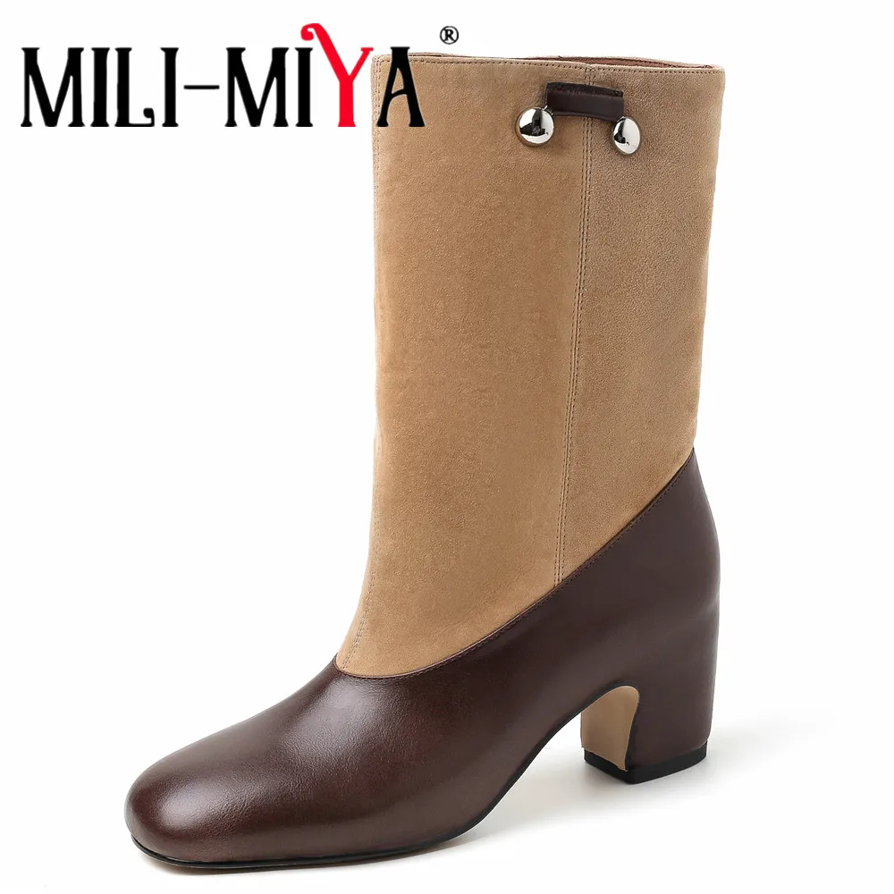 Botas de media pantorrilla MILI-MIYA para mujer, estilo de marca, con punta redonda y tacón cuadrado, de piel de becerro y cuero serraje, con diseño de patchwork, de caña ancha y sin cordones.