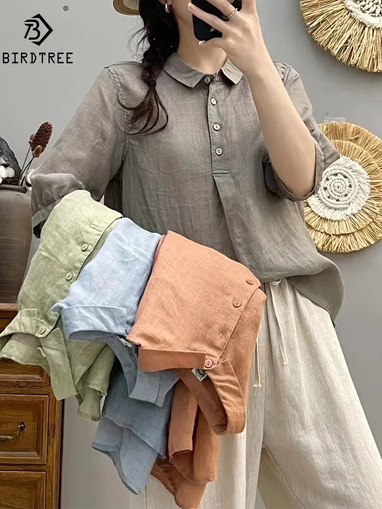 

New Summer Ramie Short Sleeve Shirts Lapel Solid Color Tops Mori Girl Casual Retro Loose Simple Blouse 2024 Autumn T462148QM