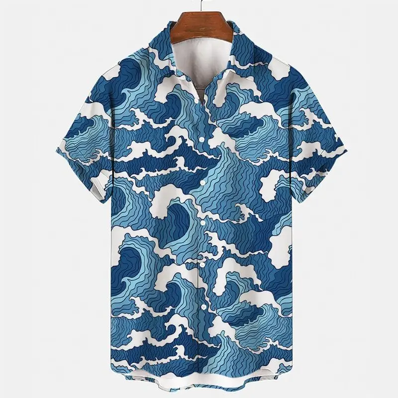 Hawaii fashion luxury high-quality wave men's shirt single-breasted shirt casual wave printed long-sleeved men's shirt