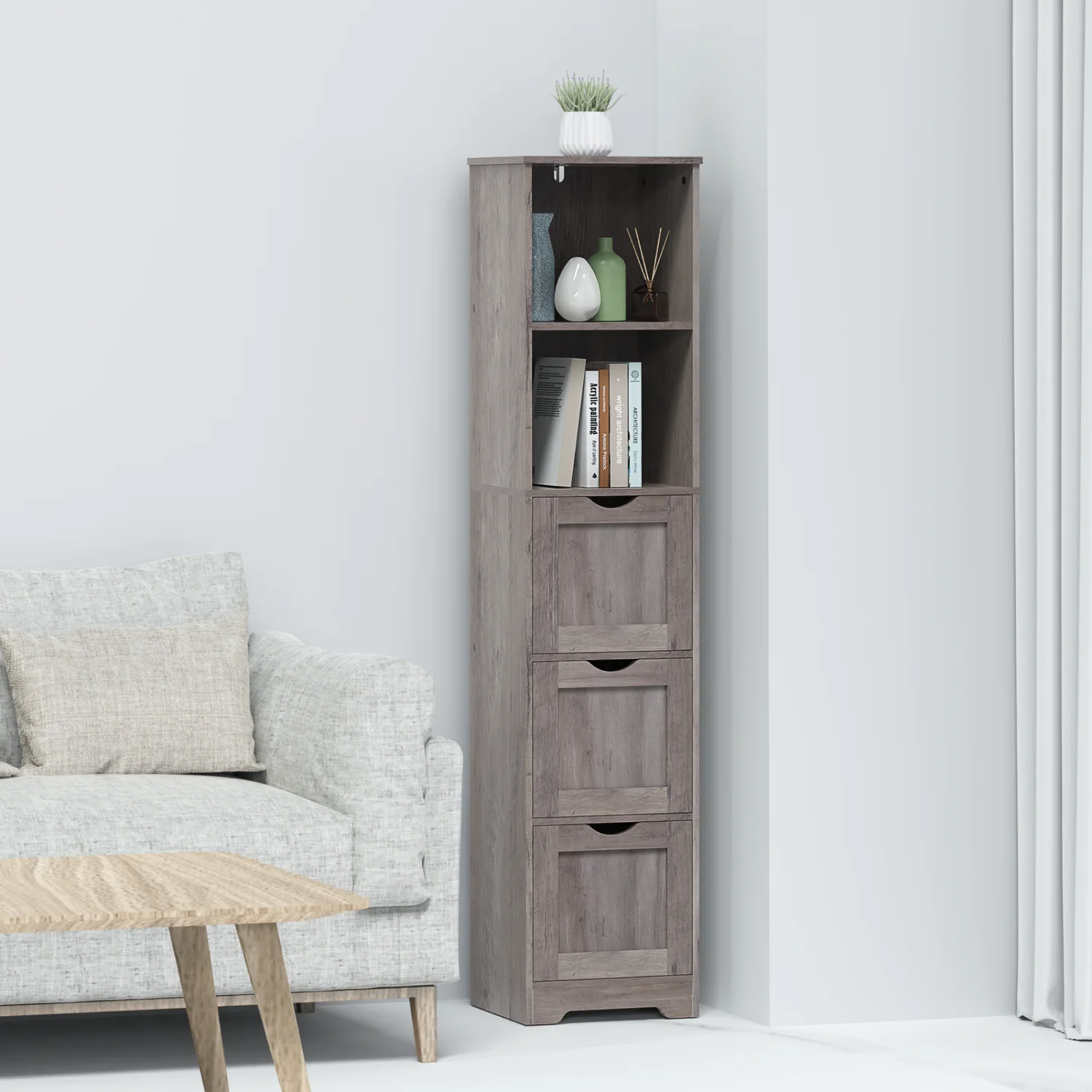 

Bathroom Floor Cabinet with Drawers & Shelves, Tall Narrow Storage Organizer, Grey Color