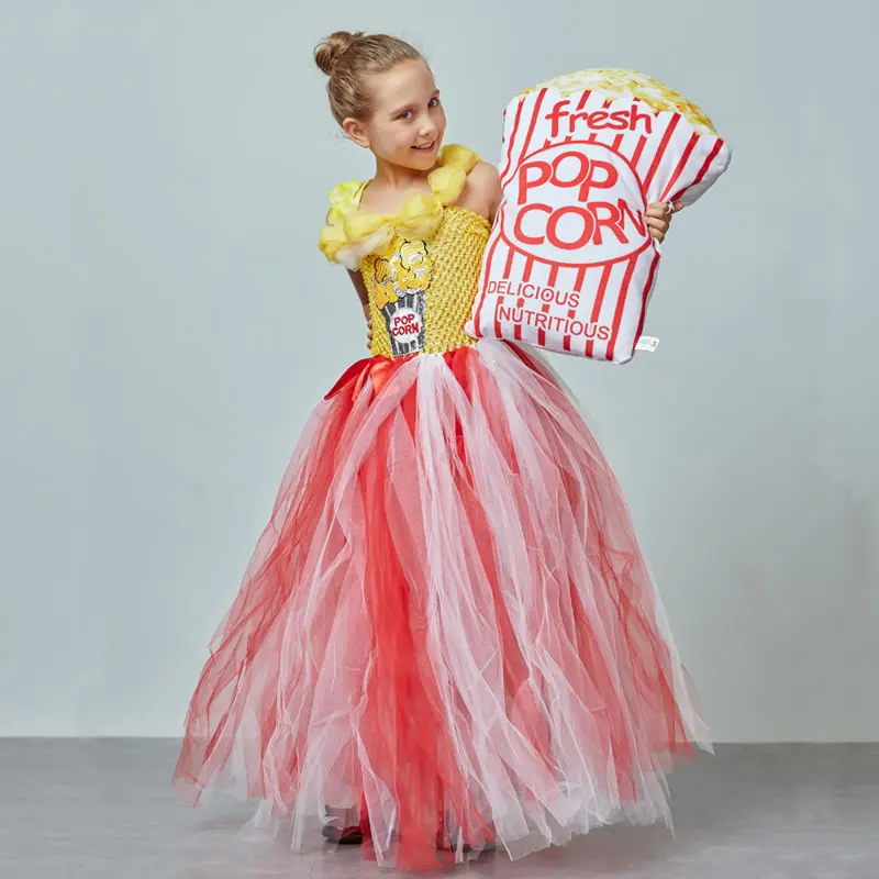 Halloween Popcorn Costume For Teen Girl Lace TUTU Dress Festive Child Up Sling Bow Princess Tunic Kid Party Frock Clothes