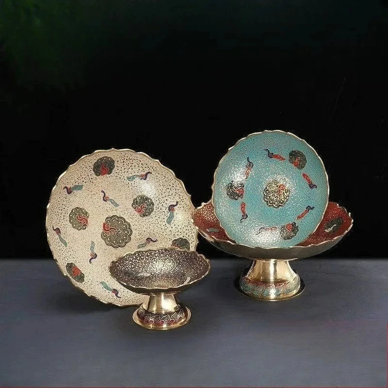 Peacock Fruit Plate Painted Copper Offering High Foot Plate Household Metal Pallet Desktop Ornament Buddha Hall Tribute Plate