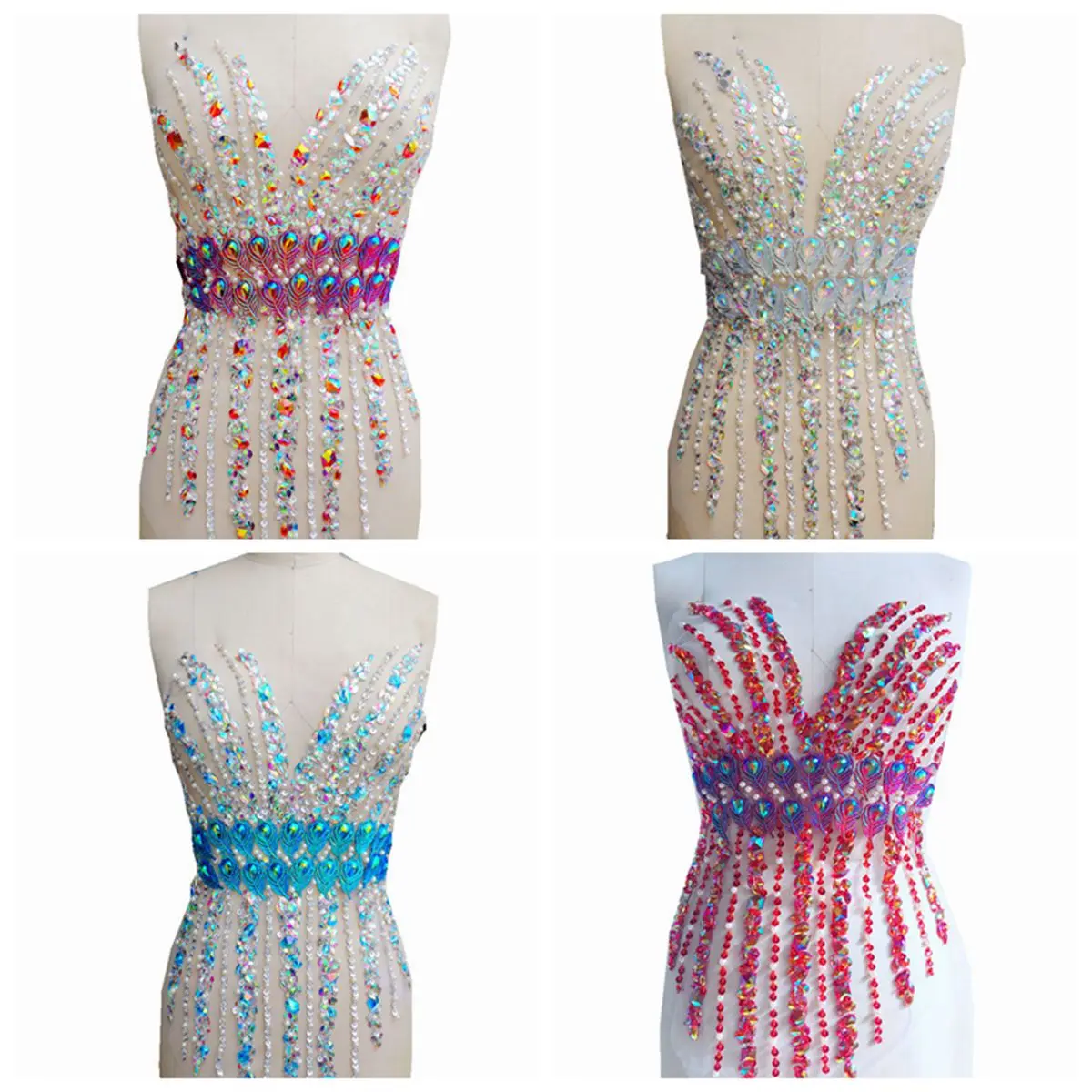 

4 Colors Deep V Neck Model Striped Beading Decoration Evening Dress Fabric DIY Luxury Handmade Rhinestone Hot Gown Material