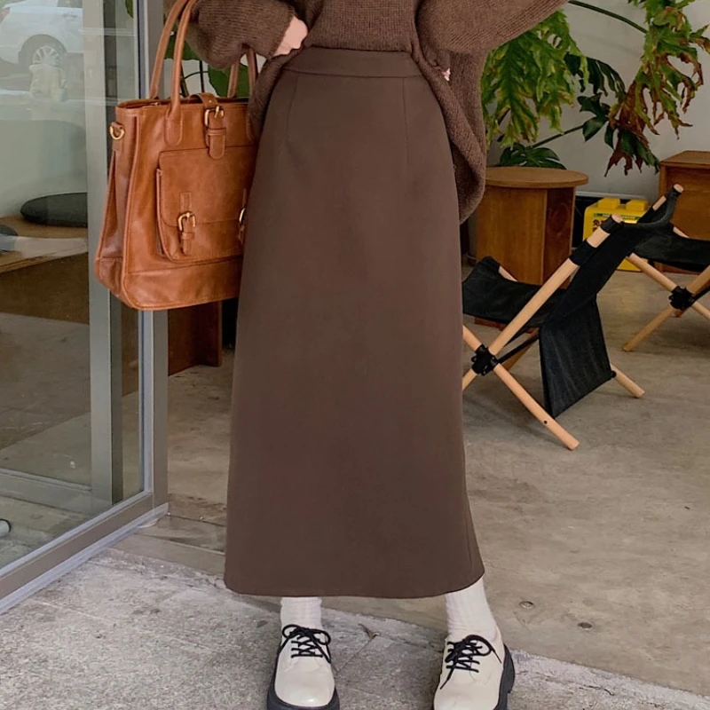 Retro Woolen Gerade bein Rock Büro Damen Herbst Winter Dicke Midi Rock Weiblichen Koreanischen Mode Alle Spiel Outwear Faldas mujer
