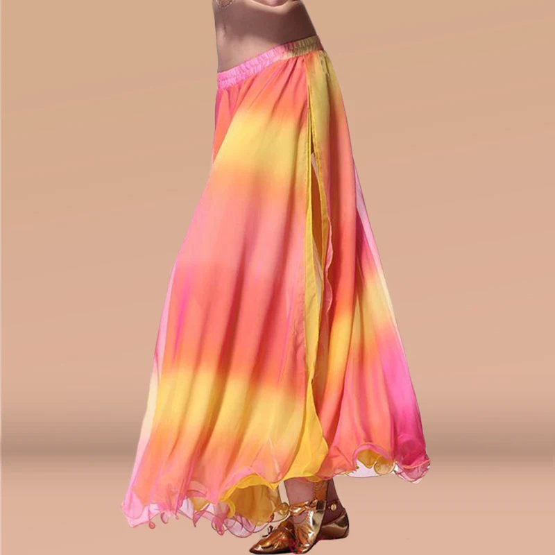 カスタマイズされたベリーダンス衣装グラデーションカラー二層スリットロールエッジスカートベリーカラフルなスリットスカートダンスビッグスイングスカート