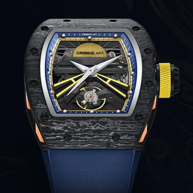

CRONUSART Men Automatic Watch 50mm Tonneau Mechanical Wristwatch Carbon Fiber Case Luminous Skeleton Sunrise Dial FKM Strap