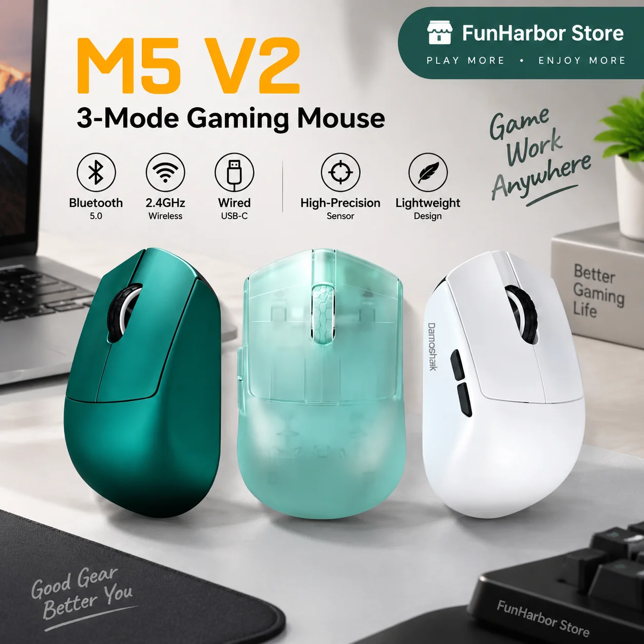 Darmoshark Genuine M5Pro M5 V2 Wireless Gaming Mouse 36G Lightweight Ergonomic Design with 3 Modes 8K 3950 Sensor for Gamers And