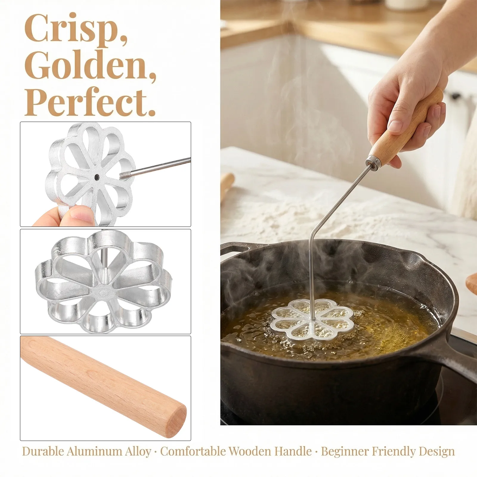 

Bunuelos Mold Aluminum Alloy Flower Pattern Baking Tool Non-Slip Handle Kitchen Cookie Mold Rosettes Maker Rosettes Maker