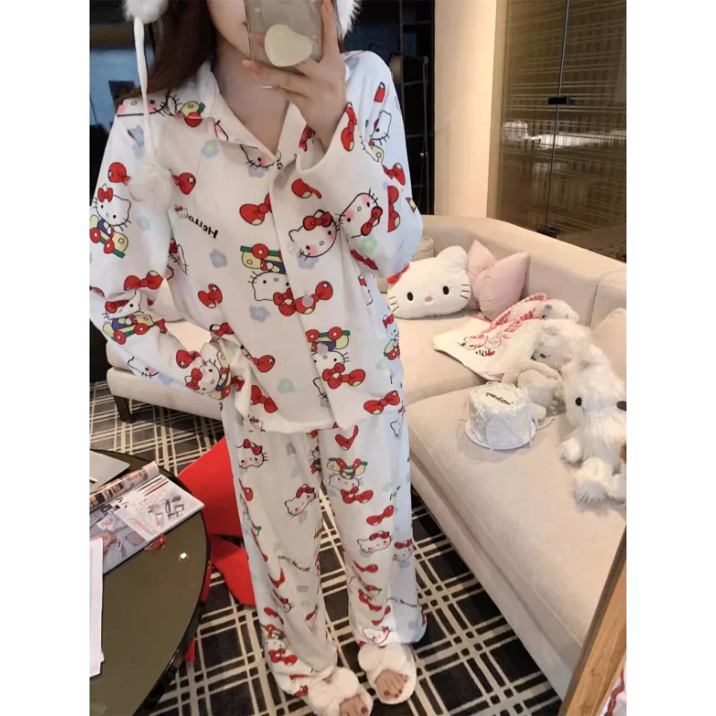 Cartoon Hello Kitty pajamas winter women\'s pajamas lapel cotton thermal casual two-piece suit new Sanrio Hello Kitty loungewear