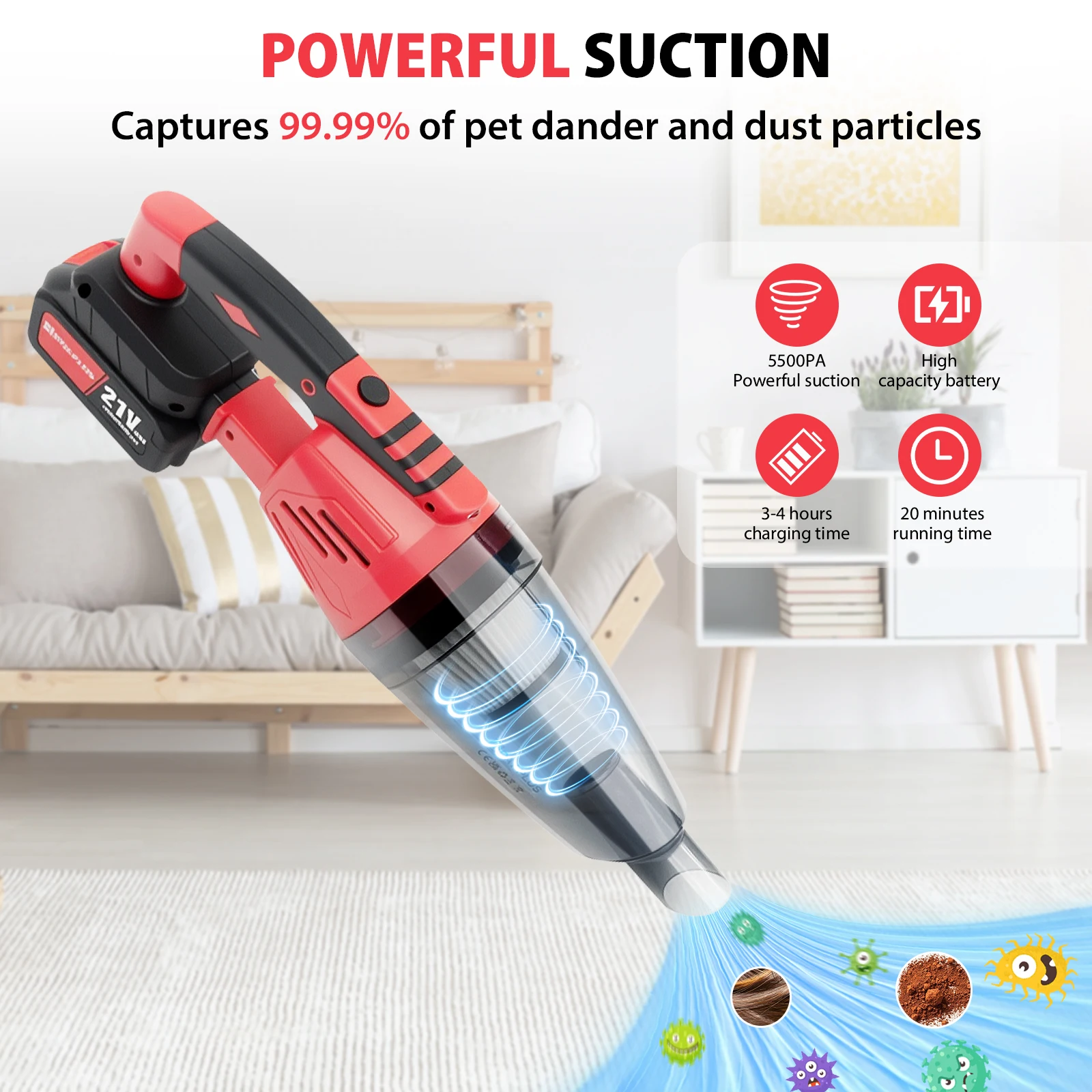 DayPlus Portable Car Cordless Vacuum Cleaner Powerful Suction Rechargeable Handheld Cleaner Quick Charge for Car Home Pet Hair