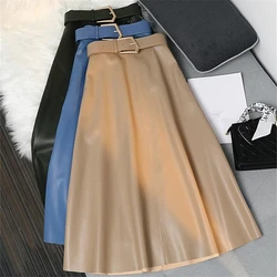 Seoulish 2024 Vintage PU Leather Women's Long Skirts Autumn Elegant Office Lady A-Line High Waist Solid Casual Skirts Female