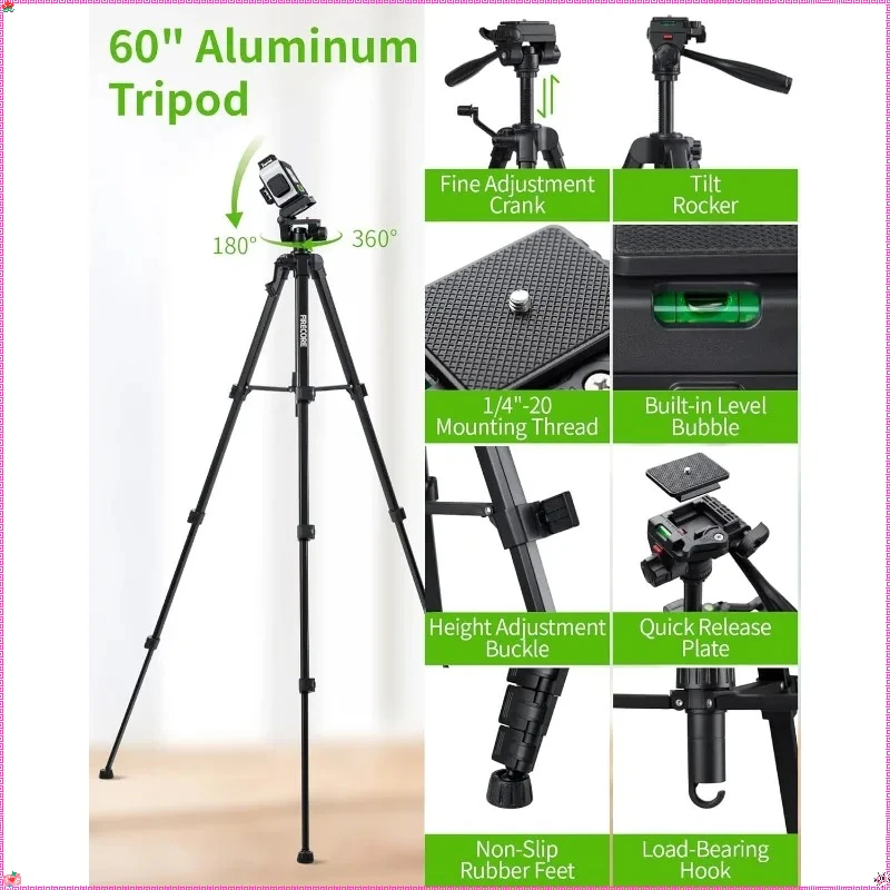 360 °   Livella laser autolivellante con treppiede da 60" - Lazer verde ricaricabile, 3 X 360 °