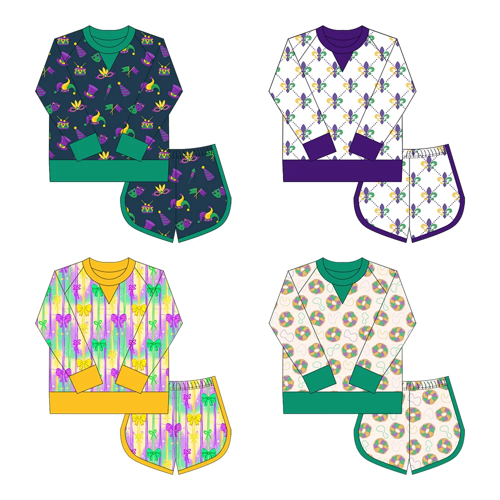 طقم ملابس رياضية للفتيات من Mardi Gras Mask-Crown بأكمام طويلة وسروال قصير مكون من قطعتين للأطفال #1