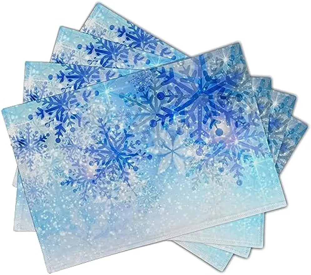 Winter Snowflake Placemats White Blue Falling Crystal Nature Ice Table Mat Snow Place Mats Set of 4 for Kitchen Dining Holiday