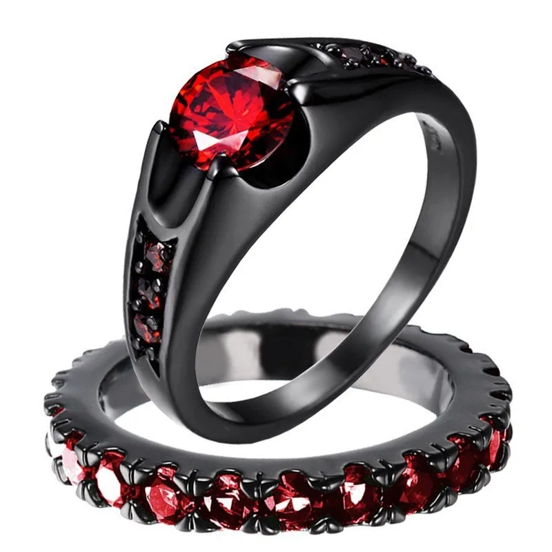 Elegant ladies' green and red gemstone 2-piece ring set, fashionable and niche black love jewelry accessories