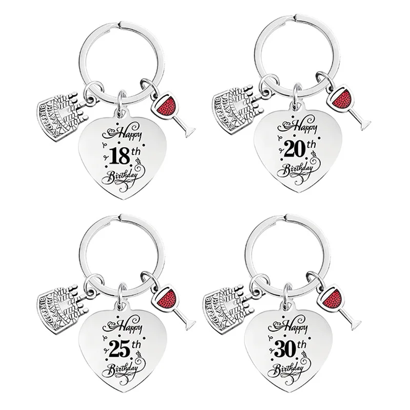 Customized Stainless Steel Keychain  Cute Birthday  Cake Glass Keyring DIY Jewelry Gifts Wholesale