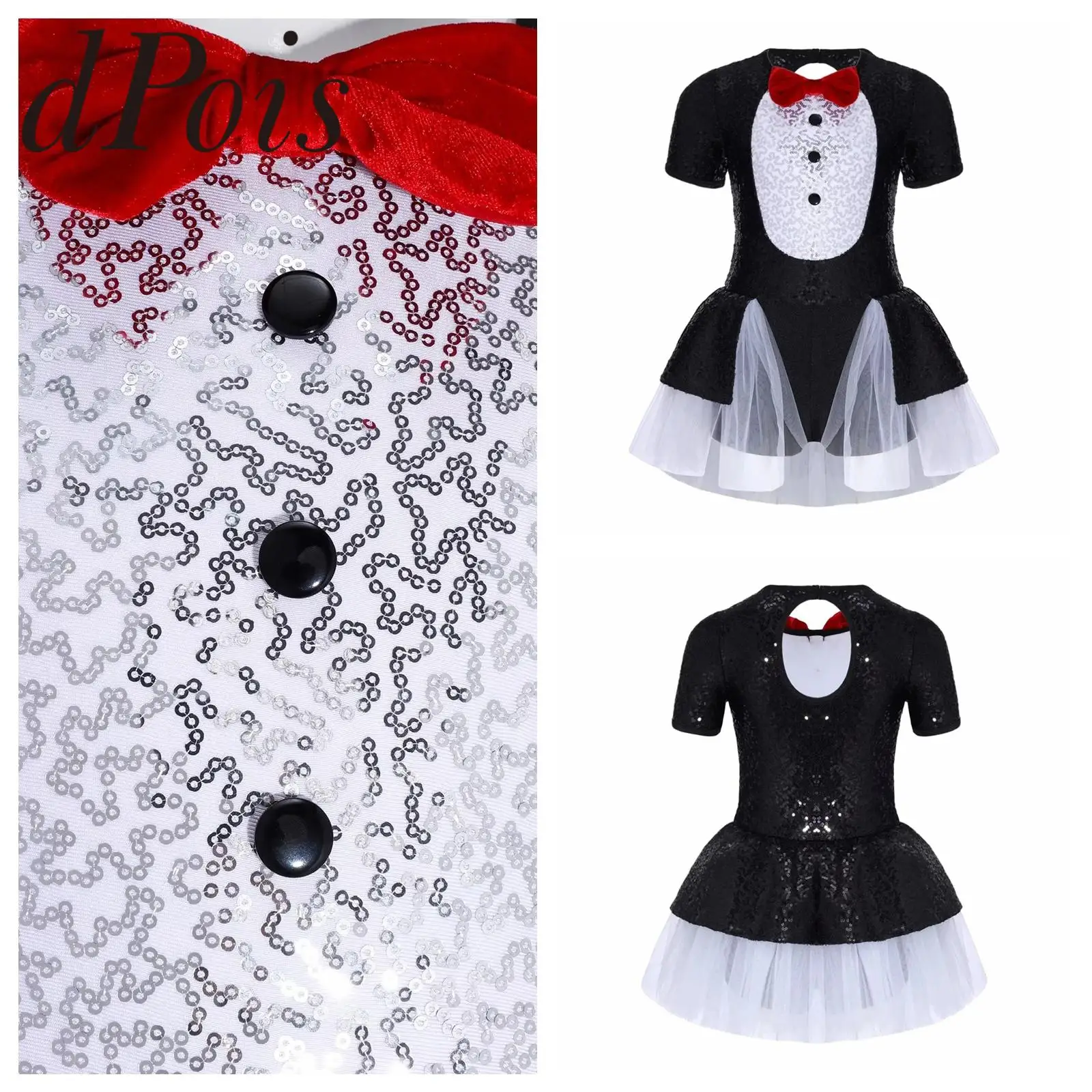 Kids Girls Halloween Party Fancy Dress Penguin Costume Bow Tie Sequins Dress Children Animal Cosplay Clothing Carnival Outfits