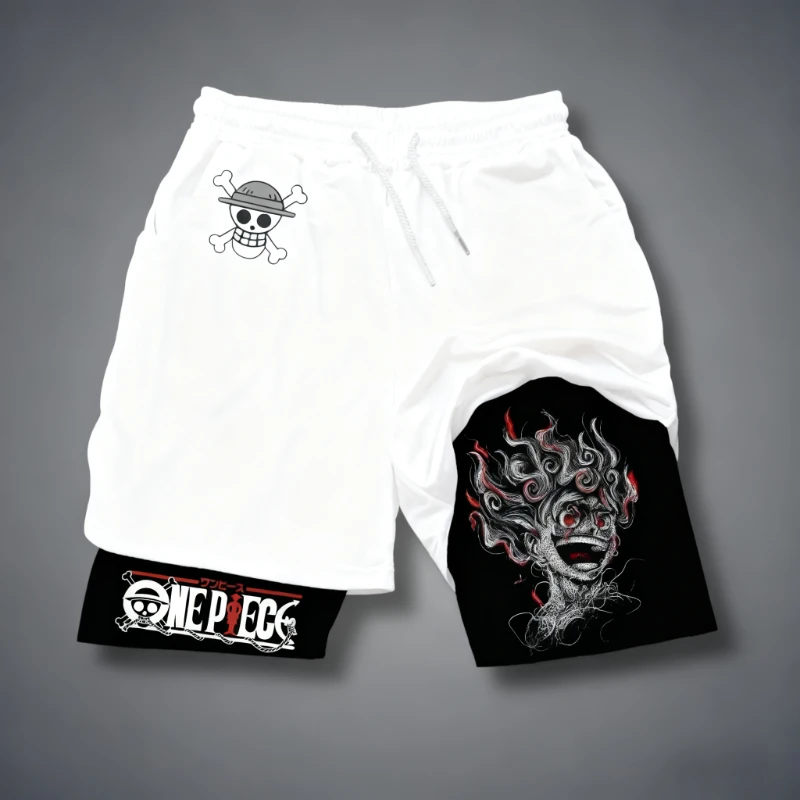 One Piece Sommer Neue Doppelschicht-Shorts für Herren und Damen, atmungsaktiv, schweißableitend, 2-in-1, Anime-bedruckt, Harajuku-Sport-Shorts