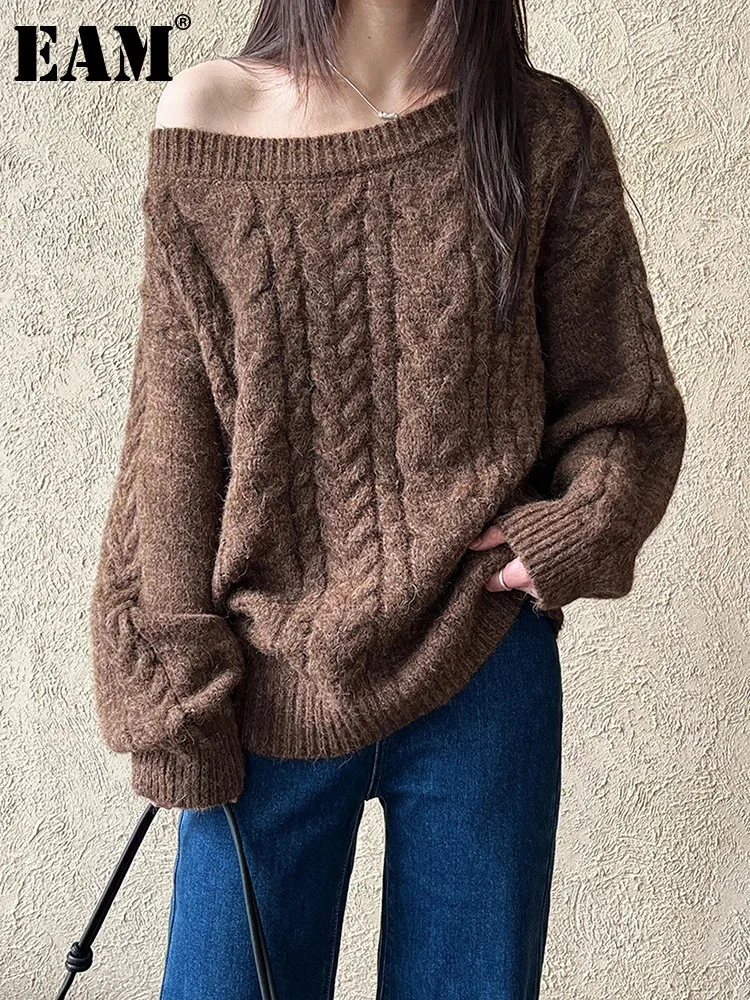 [EAM] Coffee Big Size Elegant Knitting Sweater Skew Collar Long Sleeve Women Pullovers New Fashion Spring Autumn 2025 1DH8631