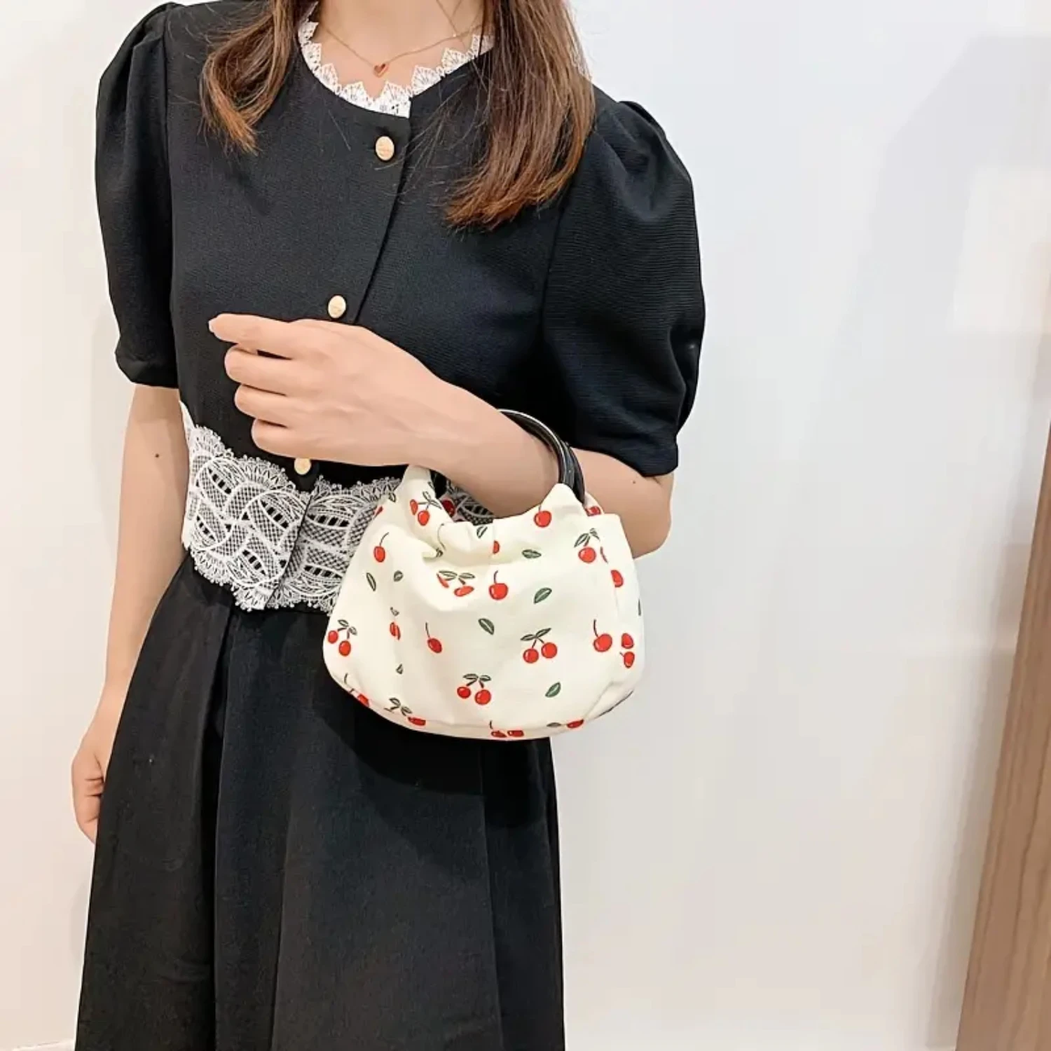 

Stylish and Cute Small Canvas Handbag with Cherry Graphic, Featuring Ruched Design and Top Ring, Perfect for Work or Outing - Po